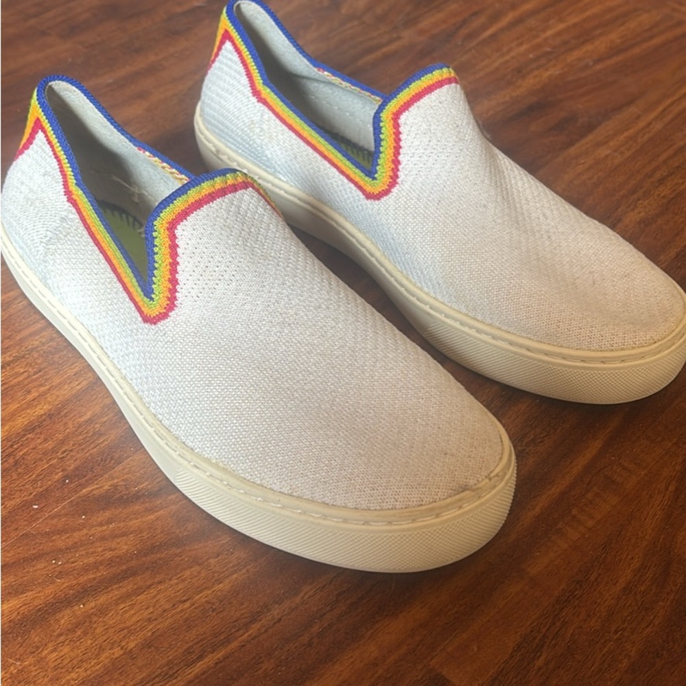 Rothy's White Slip-On Sneakers with Rainbow Trim sz 9